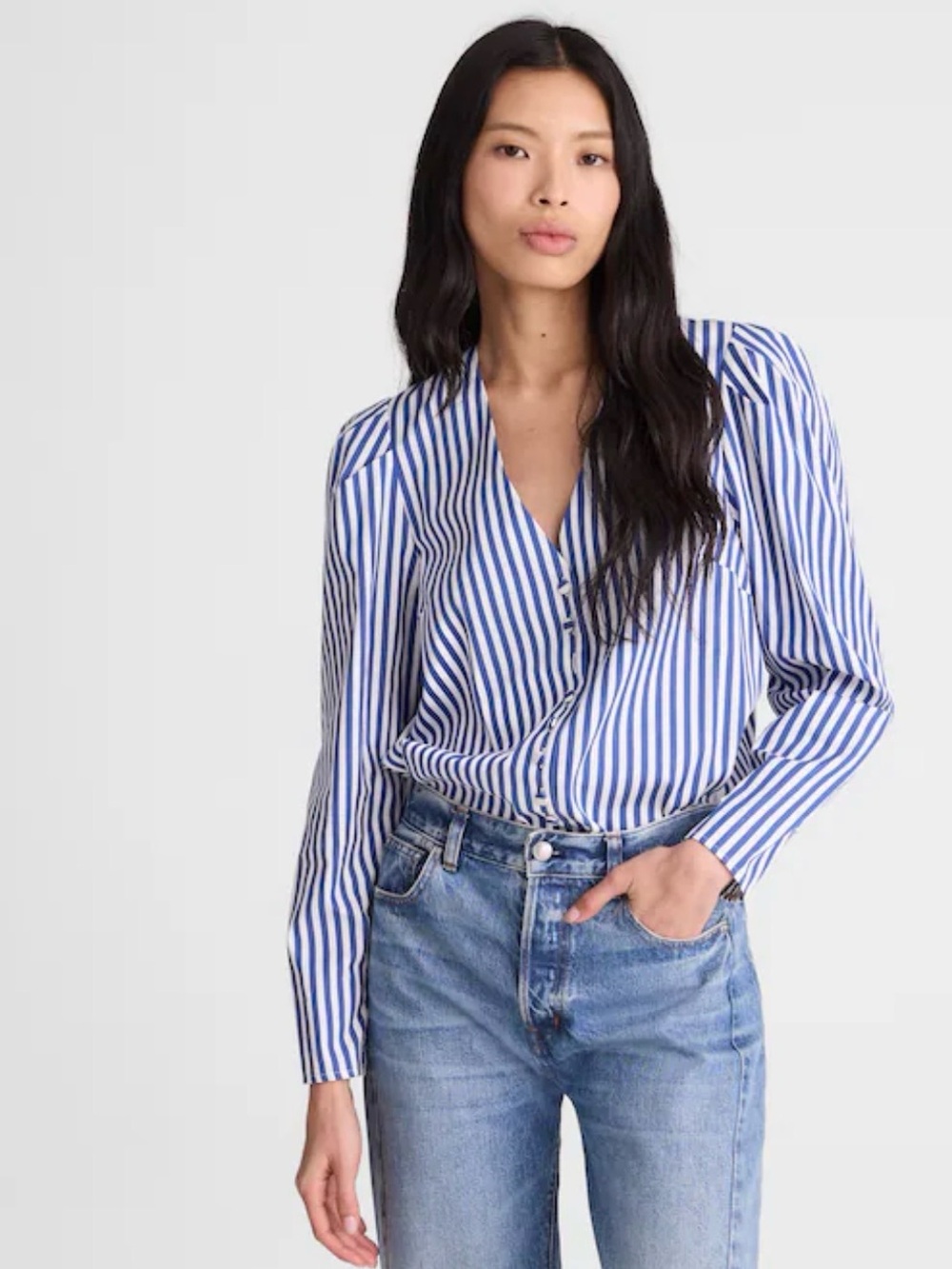 Blue Striped V-Neck Button Front Women's Top